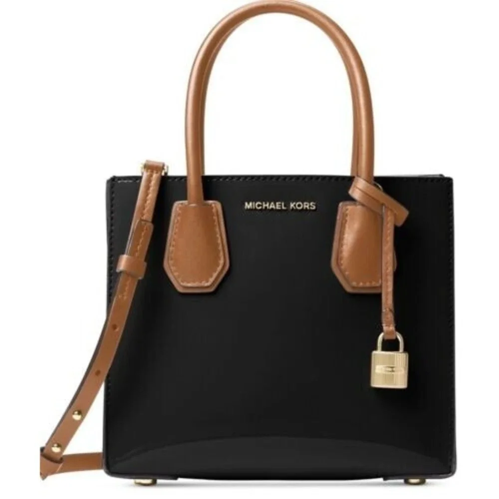 New MICHAEL KORS MERCER Studio Medium messenger Tote Leather lock black bag